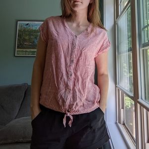 Loose peach striped linen tie front top